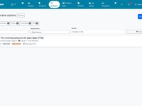 The corrective actions list on a desktop: Open, Overdue, Done, Cancelled and All tabs with counts, filters for owner and where the action was raised from, and one open action with its site, asset, source report, due date, High priority and work order.