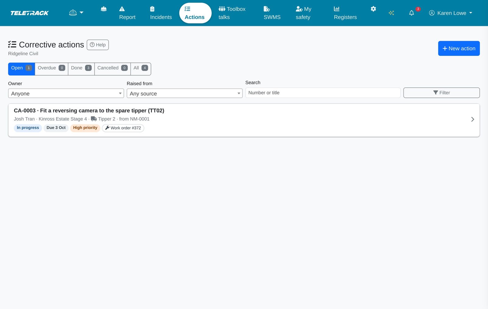 The corrective actions list on a desktop: Open, Overdue, Done, Cancelled and All tabs with counts, filters for owner and where the action was raised from, and one open action with its site, asset, source report, due date, High priority and work order.