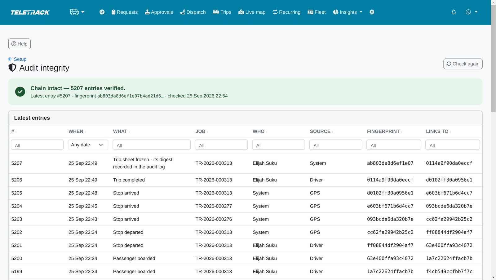 An audit integrity page reporting the chain intact with the number of entries verified, and a table of entries with their fingerprints and the entry each links to.