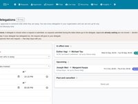 The delegation page: a form to hand an approver's new approvals to someone else for a period, with one delegation in effect and one upcoming.