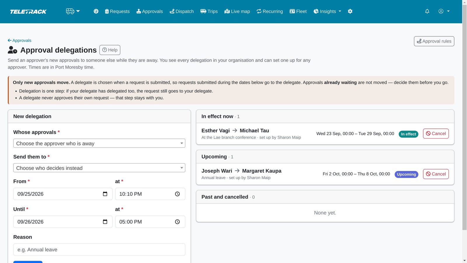 The delegation page: a form to hand an approver's new approvals to someone else for a period, with one delegation in effect and one upcoming.