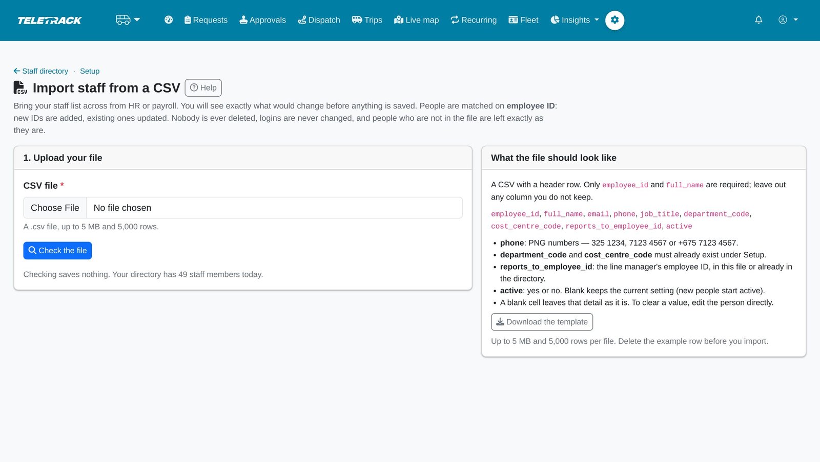 A CSV import page explaining the file format, with a check step before anything is saved.