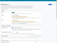 Notification settings: in-app always on, email and SMS switches, passenger journey messages, and a table of which events go out on which channel.