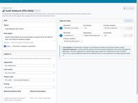 An approval rule editor with matching conditions and two approval steps, each with a time limit and an escalation contact.