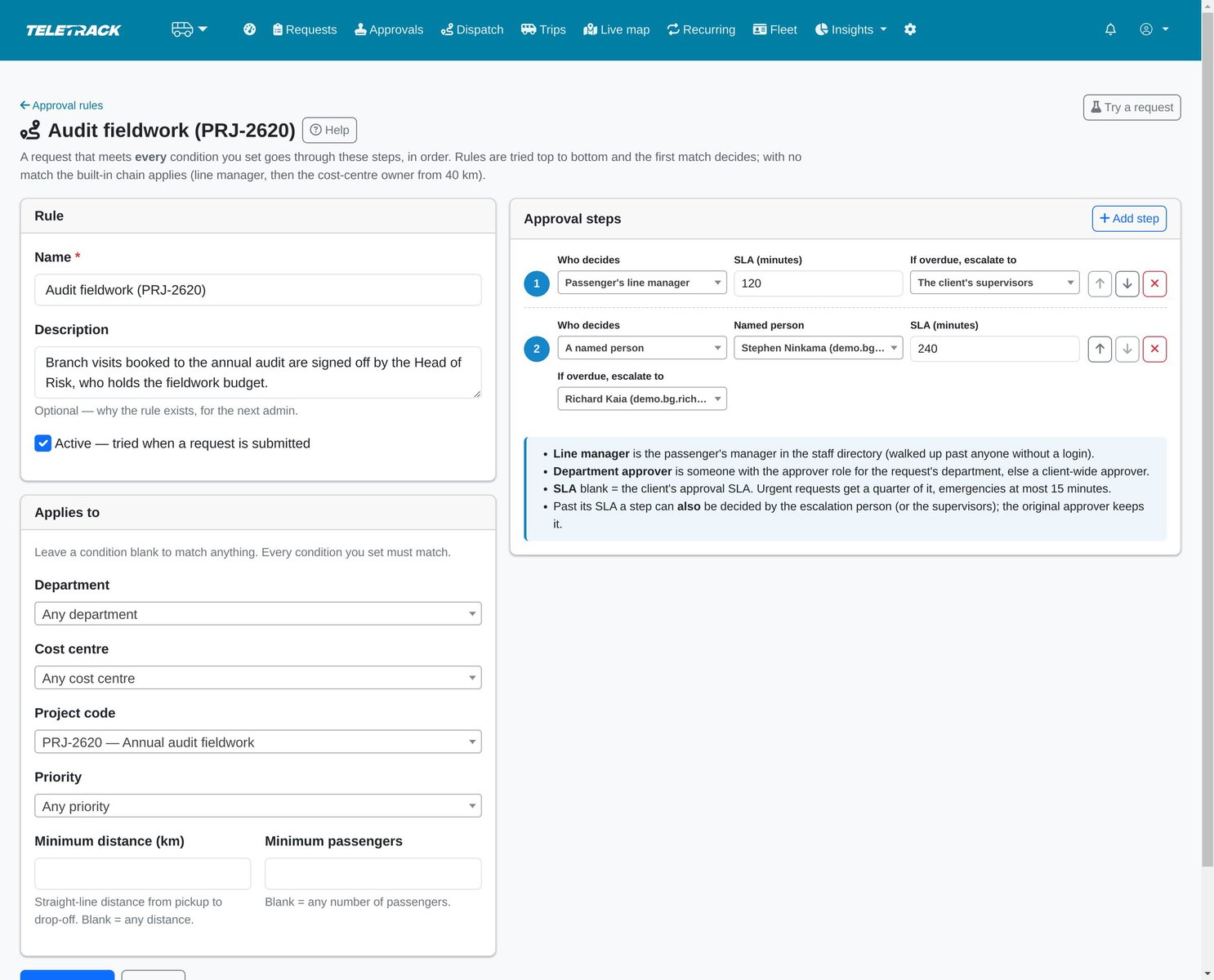 An approval rule editor with matching conditions and two approval steps, each with a time limit and an escalation contact.