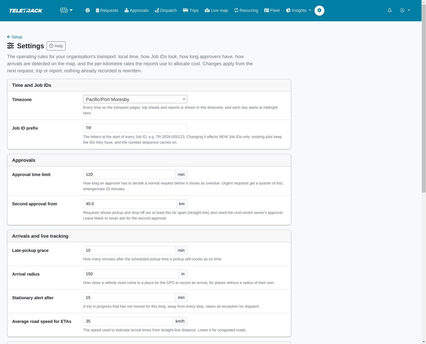 Transport settings: timezone, Job ID prefix, approval time limit, second-approval distance, late-pickup grace, arrival radius, stationary alert and ETA speed.