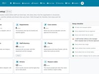 A setup hub with cards for people and roles, departments, cost centres, project codes, staff directory, places, vehicles, drivers and reason codes, and a setup checklist.