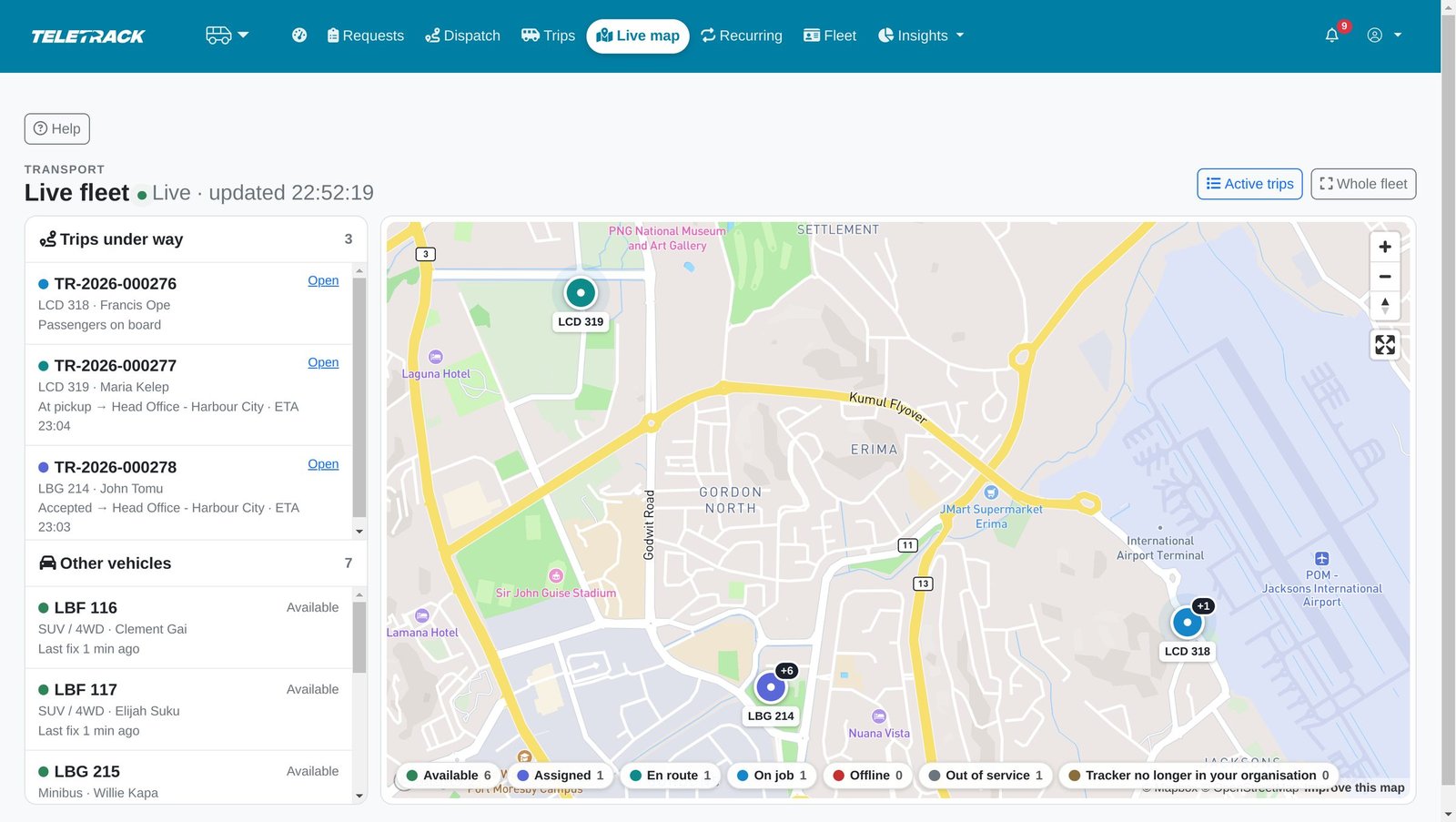 A live map of vehicles with a list of trips under way and their ETAs, and a legend of vehicle states.