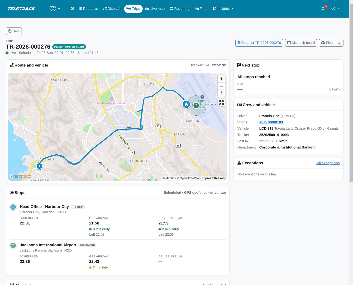 A trip page with the vehicle's live position and GPS trail on a map, the next stop's ETA, crew and vehicle, and scheduled, GPS and driver-tap arrival times for each stop.