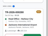 A driver's phone screen showing the vehicle they are in, a new job offer with Accept and Decline, and today's jobs.