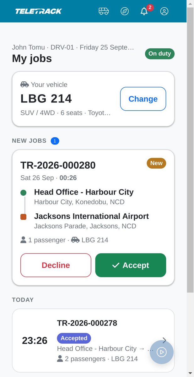 A driver's phone screen showing the vehicle they are in, a new job offer with Accept and Decline, and today's jobs.