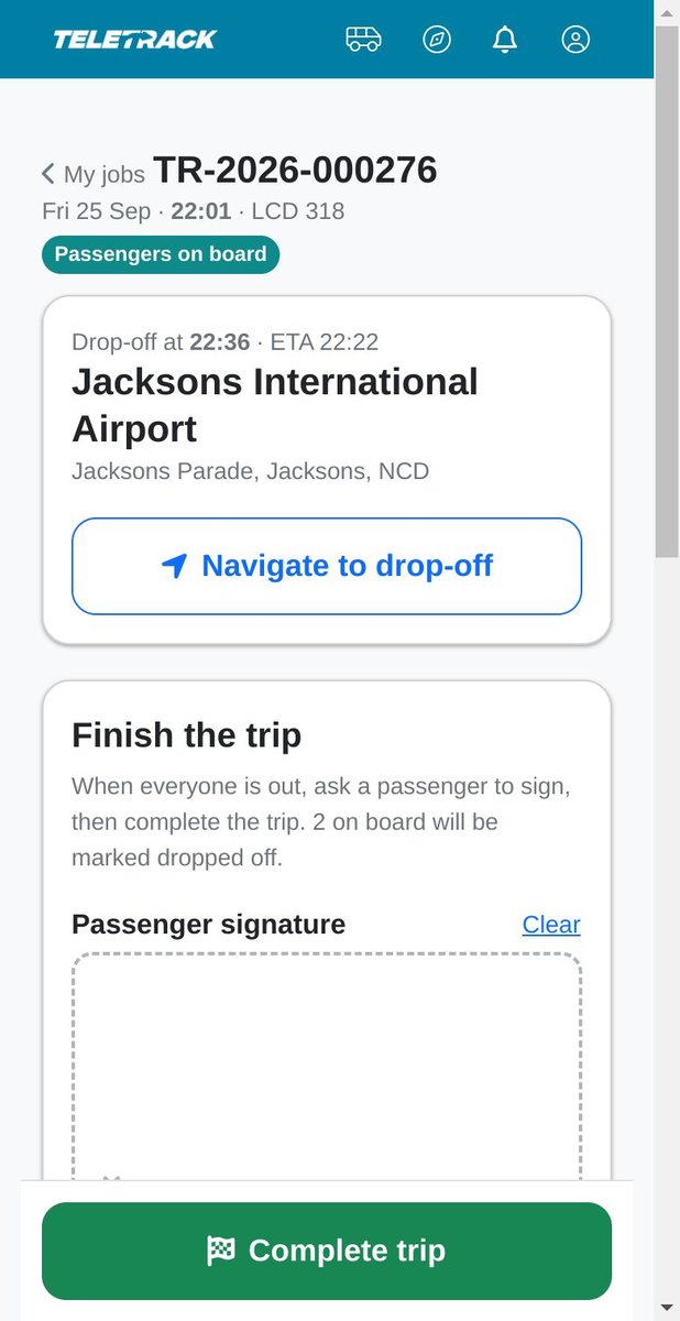 A driver's trip screen on a phone with navigation to the drop-off, a passenger signature pad and a Complete trip button.
