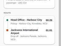 A job offer on a phone: pickup time, route, passengers, and Accept job and Decline buttons.