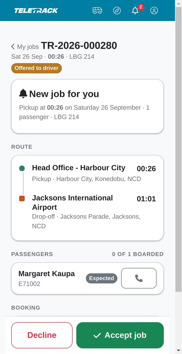 A job offer on a phone: pickup time, route, passengers, and Accept job and Decline buttons.