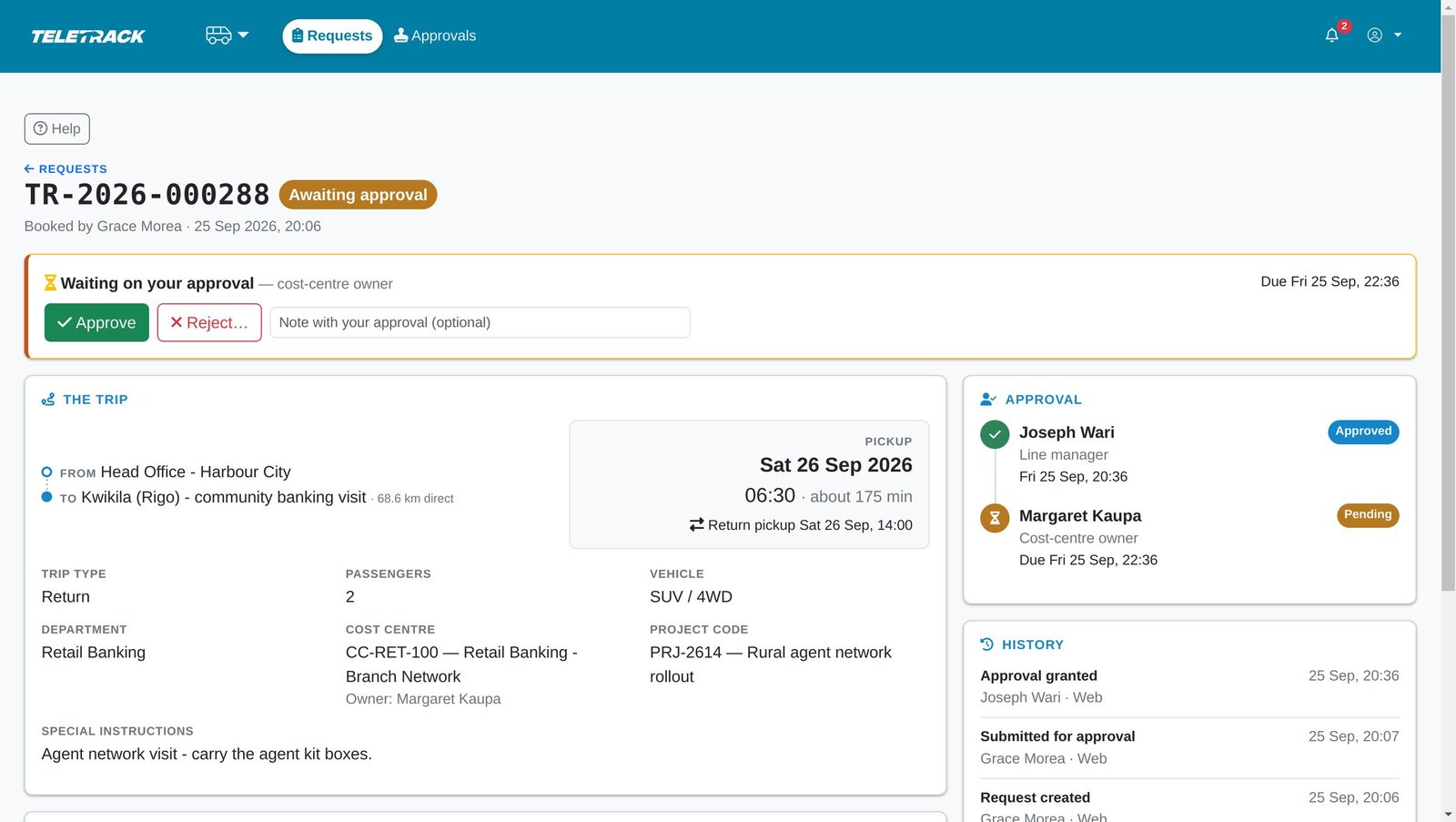 A long-distance return trip awaiting a second approval from the cost-centre owner after the line manager approved it.