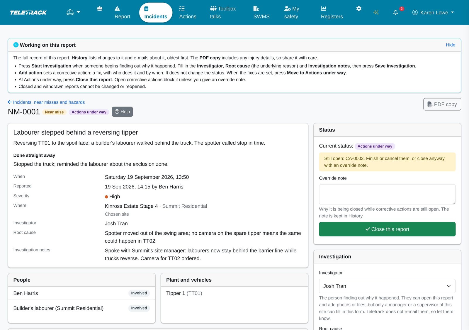 A near miss report with its Help card open, titled Working on this report: what the History and the PDF copy are, and when to press Start investigation, Add action, Move to Actions under way and Close this report.
