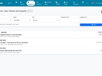 The list of incidents, near misses and hazards on a desktop: filters for type, status, site and dates, a search box, and three reports, each with its type, number, title, date and site, status, and severity or risk.