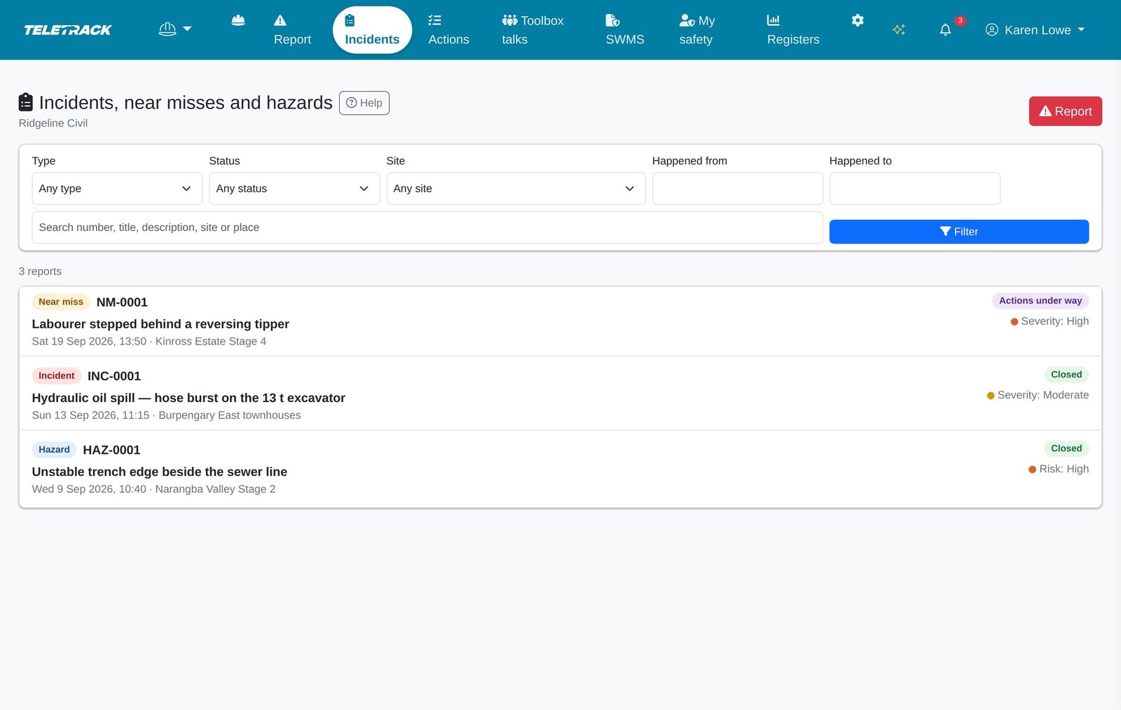 The list of incidents, near misses and hazards on a desktop: filters for type, status, site and dates, a search box, and three reports, each with its type, number, title, date and site, status, and severity or risk.
