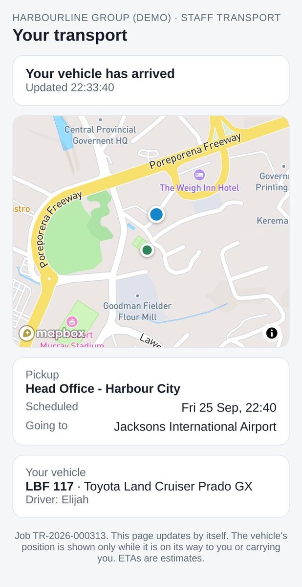 A passenger's phone page saying the vehicle has arrived at the pickup.