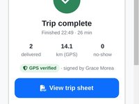 A phone screen confirming the trip is complete, with passengers delivered, GPS kilometres and a GPS verified badge.