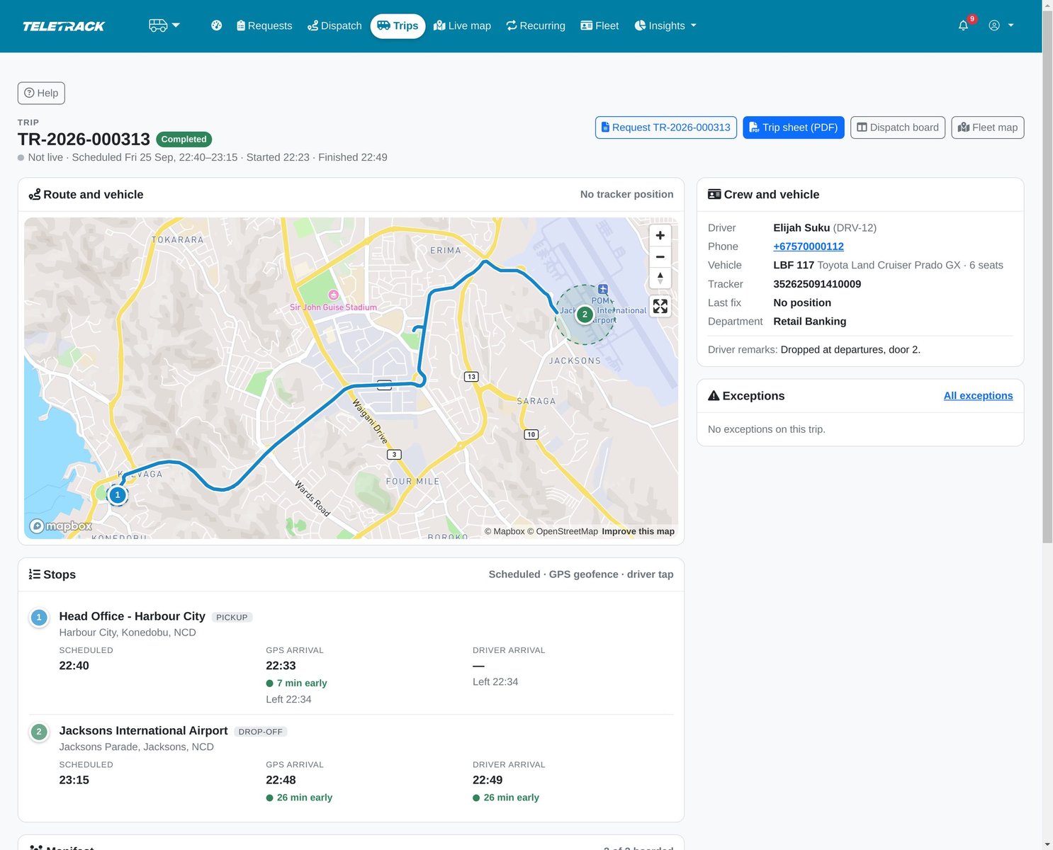 A completed trip page with the full GPS trail, actual versus scheduled times at each stop, and a Trip sheet (PDF) button.