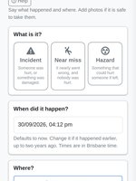 The report form on a phone: three large choices, Incident, Near miss and Hazard, each with a one-line meaning; the date and time, set to now; and a Use my location button with a note that it picks the nearest site and suggests nearby plant.