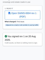 Signing a SWMS on a phone: a button to open the current revision as a PDF, what changed, its high risk construction work tag, and a green tick saying the person signed this revision in August and it still counts.