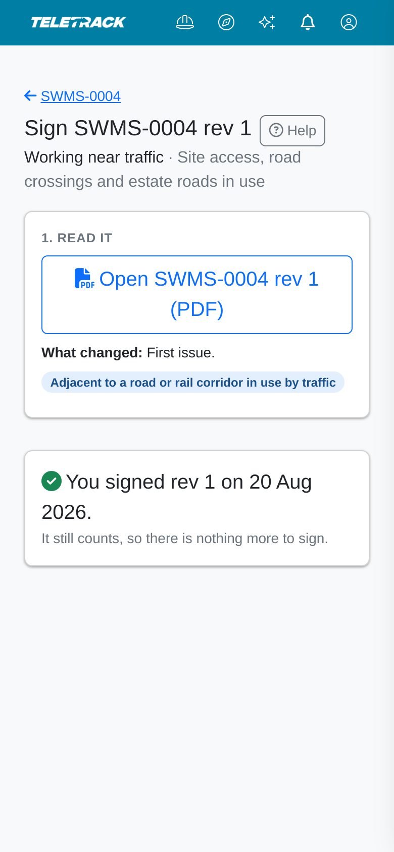 Signing a SWMS on a phone: a button to open the current revision as a PDF, what changed, its high risk construction work tag, and a green tick saying the person signed this revision in August and it still counts.