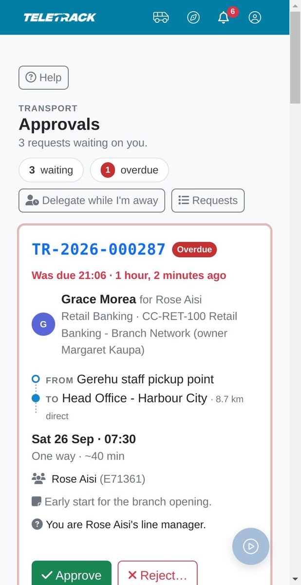The approval queue on a mobile phone screen with Approve and Reject buttons.