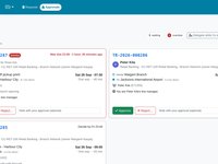 An approver's queue of requests with route, time, passengers, cost coding, an overdue flag, and Approve and Reject buttons.
