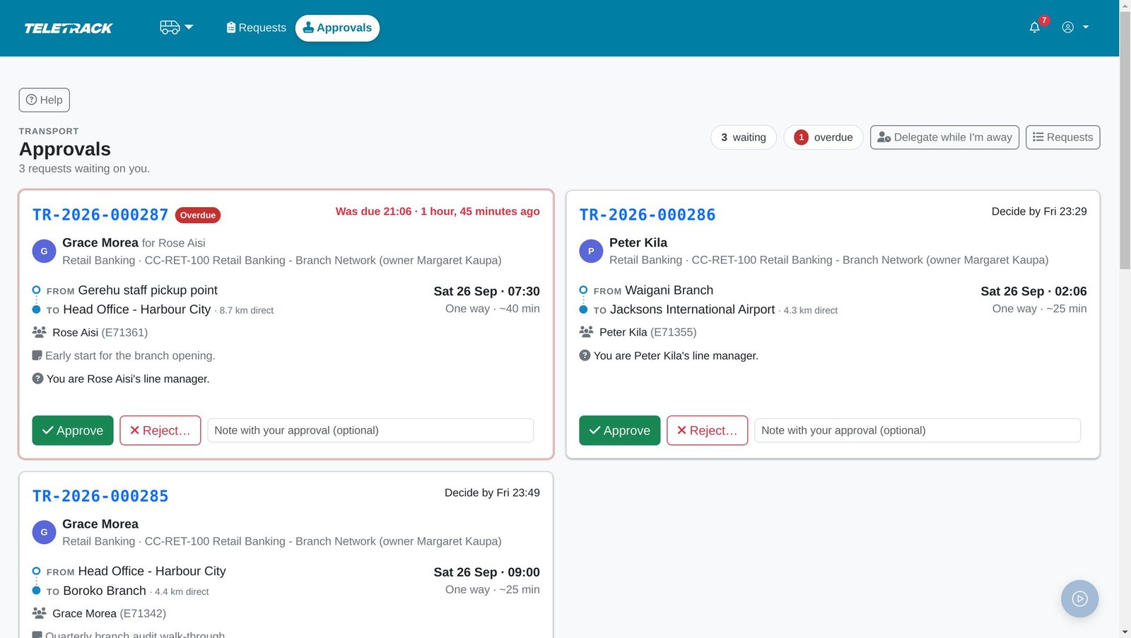 An approver's queue of requests with route, time, passengers, cost coding, an overdue flag, and Approve and Reject buttons.