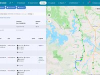 The live map for one car: its Trips table with a Logbook column showing a Private trip, a Business trip with its purpose and Edit links, and a dash for a trip not yet in the logbook, beside the day's route on the map.