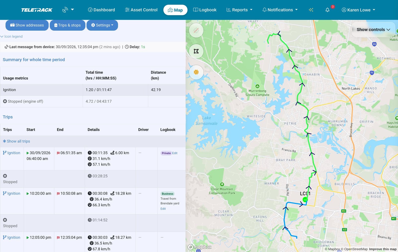 The live map for one car: its Trips table with a Logbook column showing a Private trip, a Business trip with its purpose and Edit links, and a dash for a trip not yet in the logbook, beside the day's route on the map.