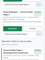 A trip with no driver recorded, on a car the driver is listed for, on a mobile phone screen: a business trip between two job sites with an "I drove this" button.