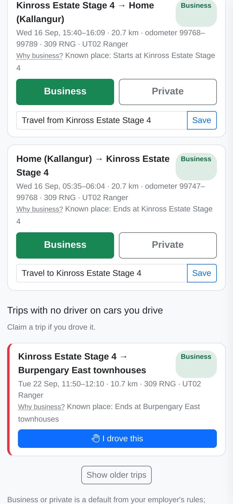 A trip with no driver recorded, on a car the driver is listed for, on a mobile phone screen: a business trip between two job sites with an "I drove this" button.
