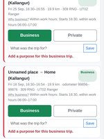 Trip cards on a mobile phone screen edged in red because business trips have no purpose, each with the work-hours reason, an empty "What was the trip for?" box and a prompt to add a purpose.