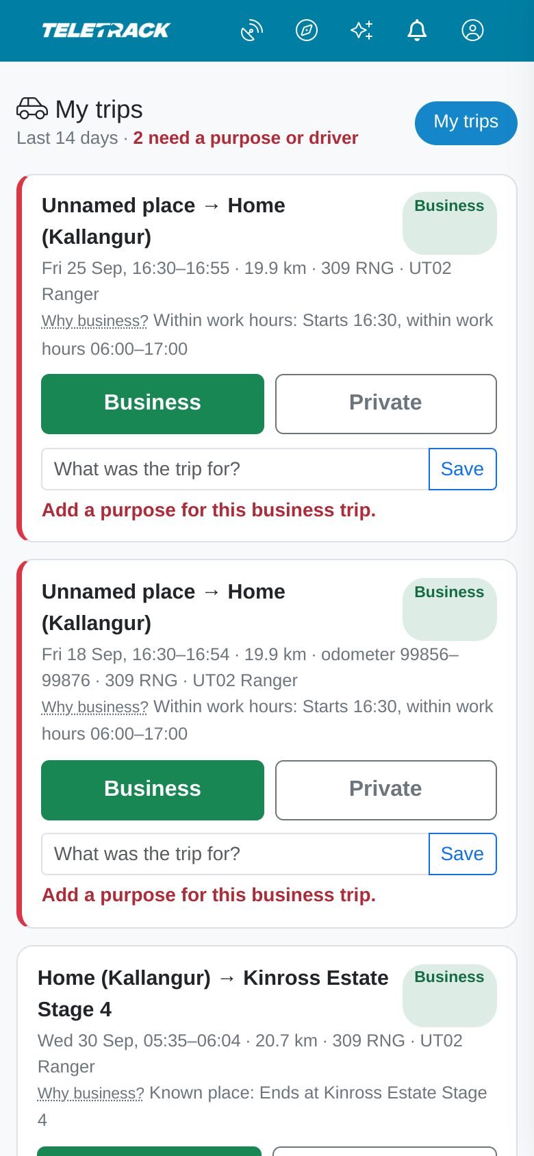 Trip cards on a mobile phone screen edged in red because business trips have no purpose, each with the work-hours reason, an empty "What was the trip for?" box and a prompt to add a purpose.
