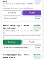 A driver's My trips page on a mobile phone screen: trip cards with the route, time, km and car, a Business or Private badge, the reason for it, large Business and Private buttons and a purpose box.