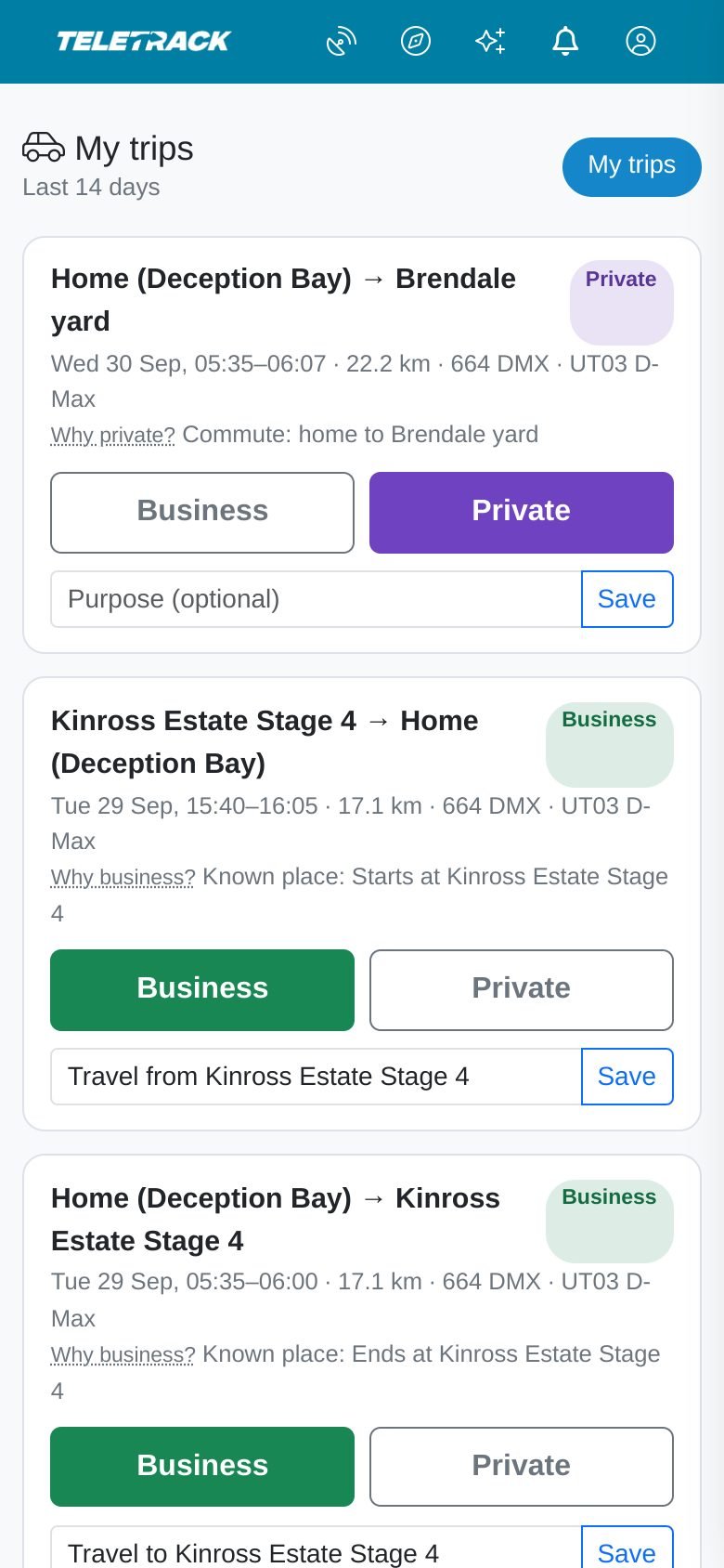 A driver's My trips page on a mobile phone screen: trip cards with the route, time, km and car, a Business or Private badge, the reason for it, large Business and Private buttons and a purpose box.