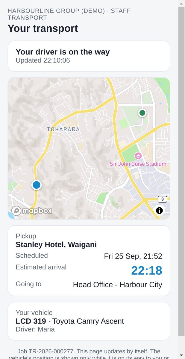 A passenger's phone page showing their vehicle on a map heading to the pickup, with an estimated arrival time, the vehicle and the driver's first name.