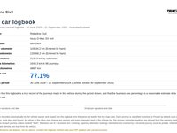 The cover of a locked FBT car logbook PDF: vehicle, registration, opening and closing odometer, total, business and private kilometres, business use %, the logbook period, a declaration with blank signature lines and a method note.