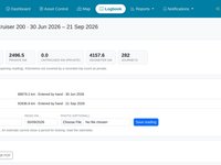 A completed logbook period: business use %, business, private and untracked km, odometer km and journeys, both odometer readings entered by hand, and the Lock period button enabled.