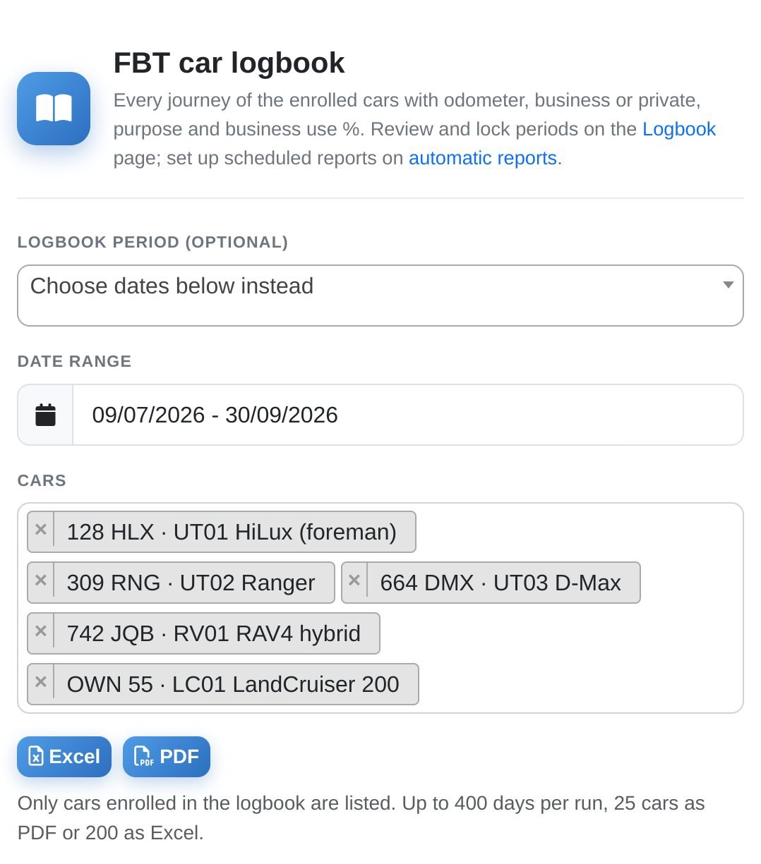 The FBT car logbook panel on the Reports page: an optional logbook period, a date range, five cars selected, Excel and PDF buttons, and a note on the limits of 400 days, 25 cars as PDF or 200 as Excel.