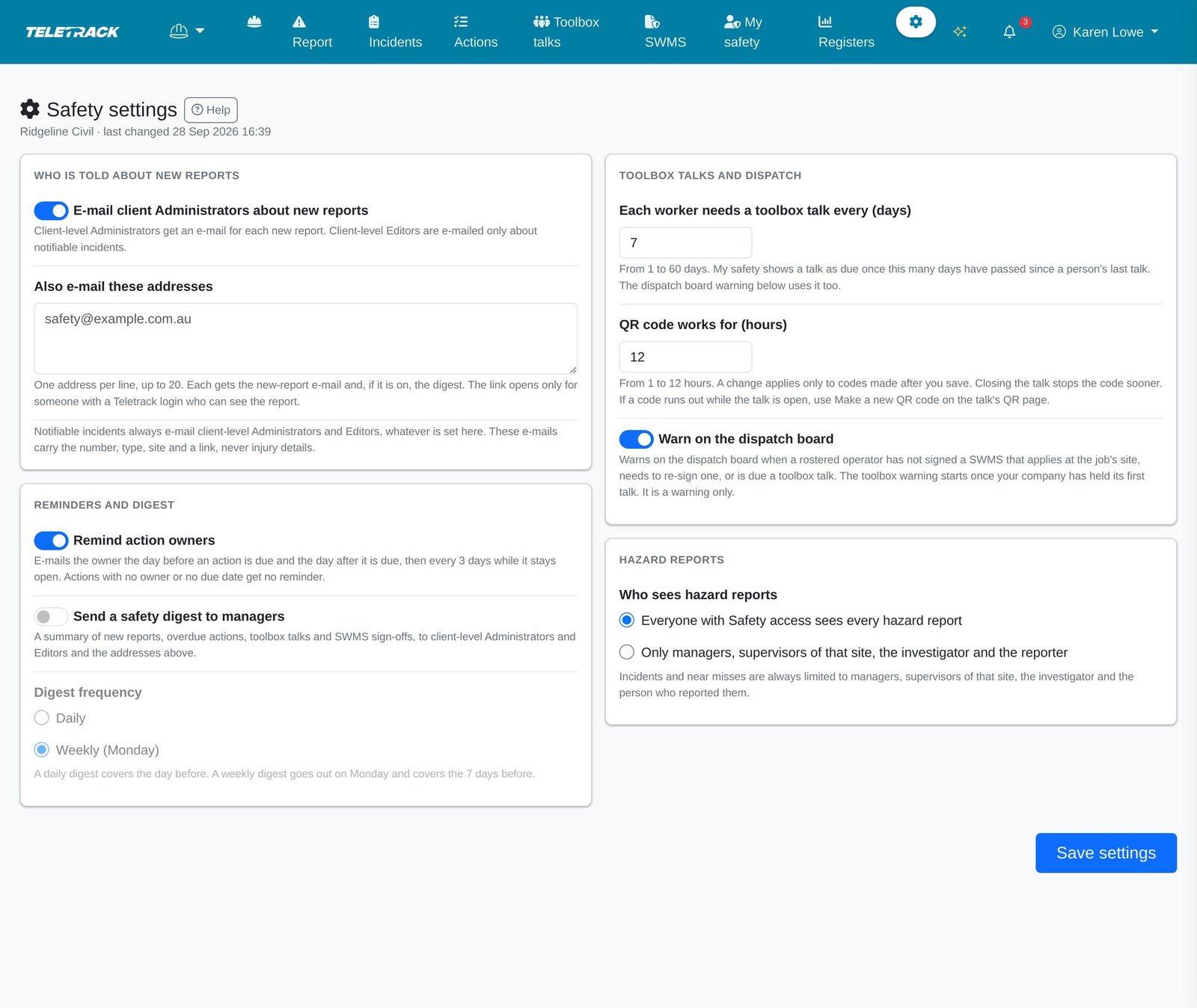 The Safety settings page on a desktop: who is emailed about new reports and extra addresses, action reminders, the safety digest and how often, how often each worker needs a toolbox talk, how long a QR code works, the Dispatch warning, who sees hazards.