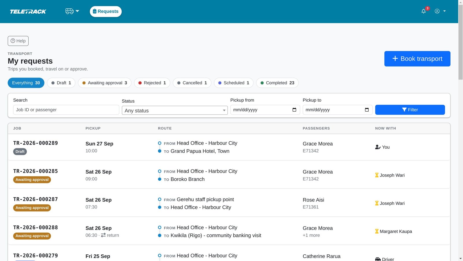 A list of transport requests with status badges (draft, awaiting approval, completed) and a column showing who each one is waiting on.