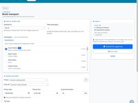 Transport booking form with passengers ticked from a staff directory, pickup and drop-off points, date, time and trip type, and a summary panel showing who will approve.
