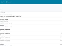 In-app notifications: submitted, approved, driver confirmed, driver on the way, vehicle arrived, trip completed.