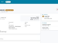 A submitted request showing the trip, cost centre and the approver with a due time.