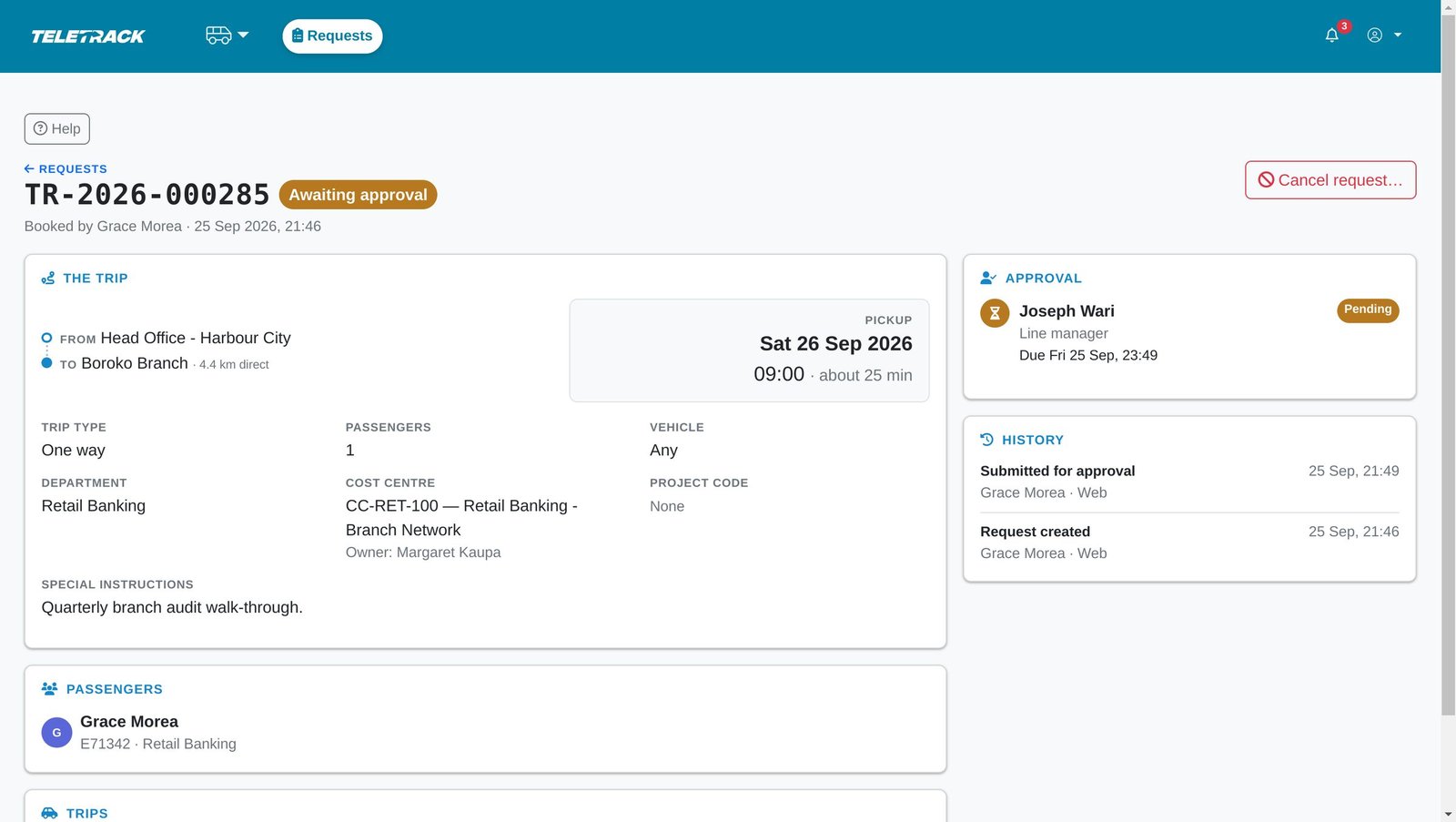 A submitted request showing the trip, cost centre and the approver with a due time.