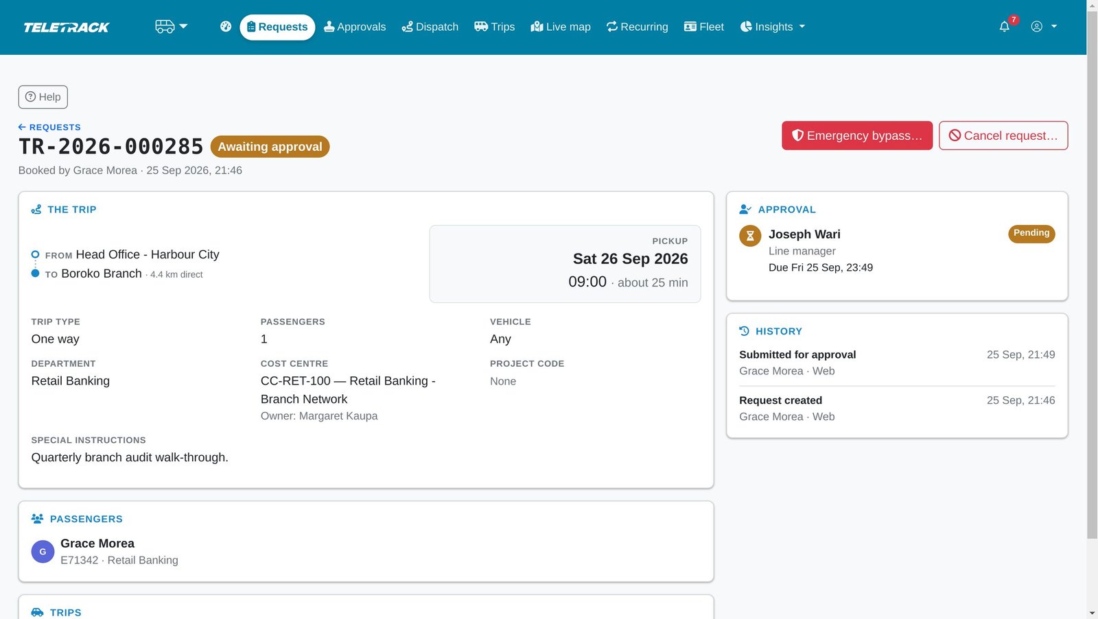 A request awaiting approval with an Emergency bypass button available to the supervisor.